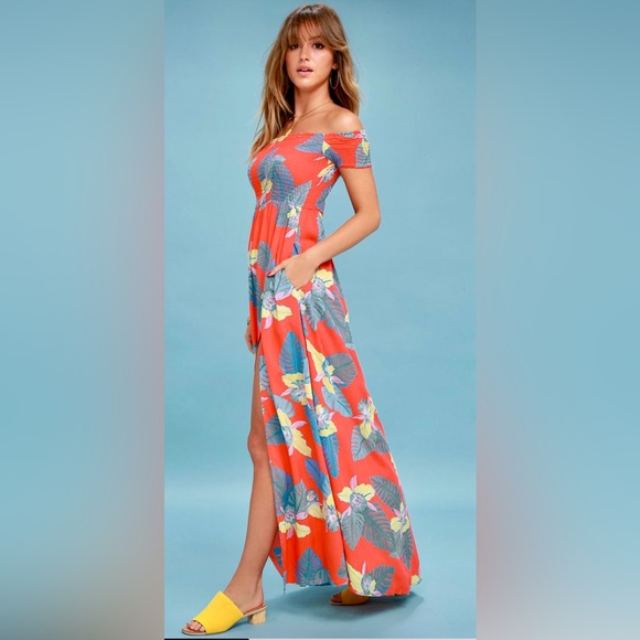 Lulu’s Patsy Off Shoulder Aloha Maxi Dress w Smocked Bodice & High Front Slit - Picture 5 of 8